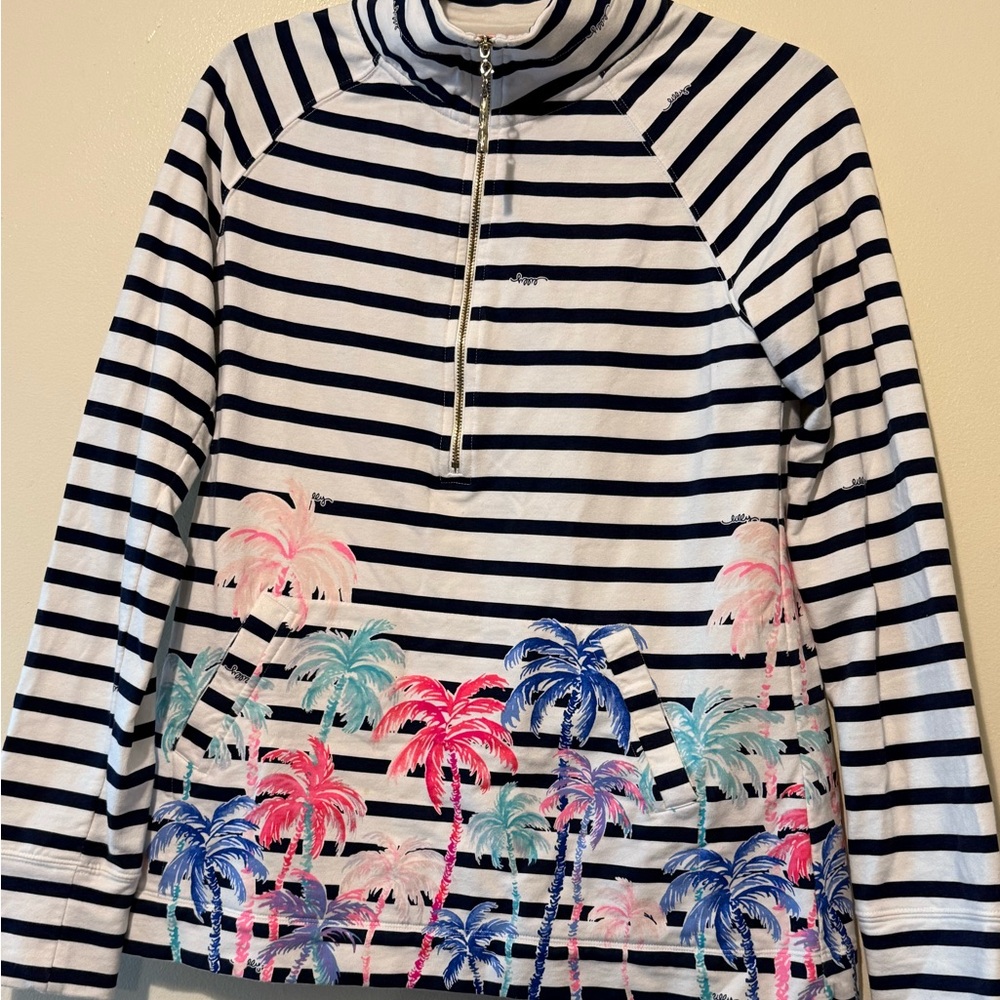 Lilly Pulitzer White and Blue Striped Long Sleeve with Palm Design Women’s Small